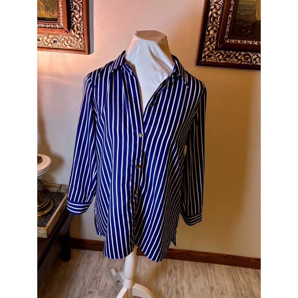 Anne Klein Women's Long Sleeve Button Down Shirt Striped Blue‎ White Large - Picture 2 of 8